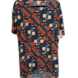 Lularoe Irma top, high/low, short sleeve, Blue/orange/white patterned, size XXS​